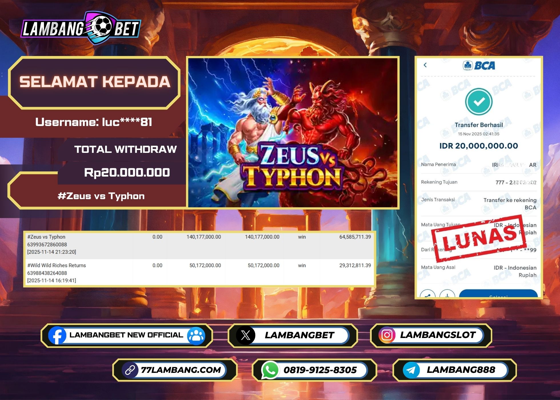 LAMBANGBET [15 NOVEMBER 2025] JACKPOT SLOT Zeus vs Typhon "Rp20.000.000" LUNAS